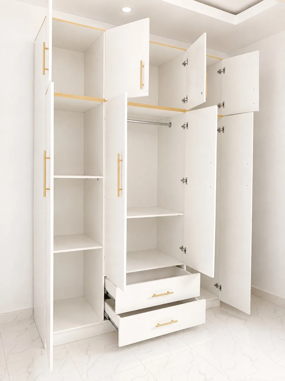 Custom-made 4-door wardrobe with dressing mirror, stool compartment, hanging pole and top storage
