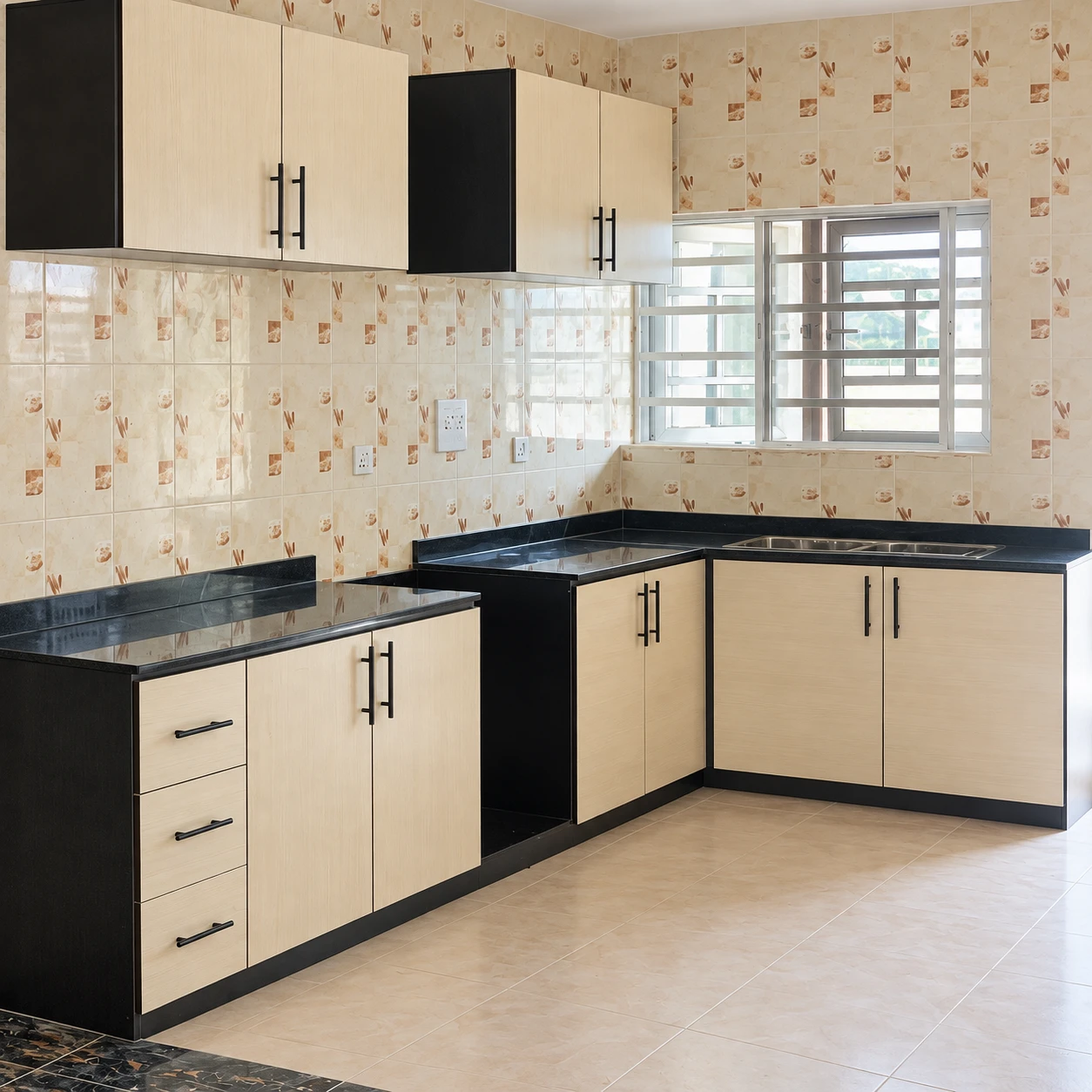 Finished L-shaped kitchen with cream wood-grain cabinets and black handles in Elebu, Ibadan