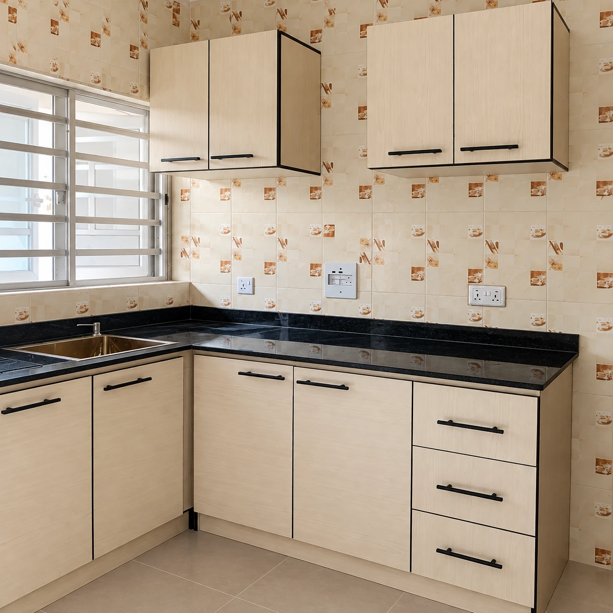 L-shaped kitchen cabinets with cream wood-grain doors, black T-bar handles and a three-drawer unit